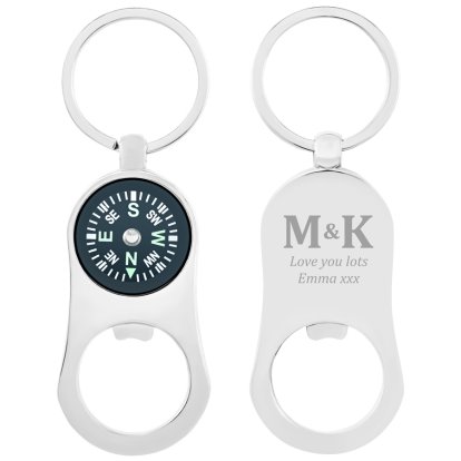 Personalised Compass Keyring and Bottle Opener - Initials and Message