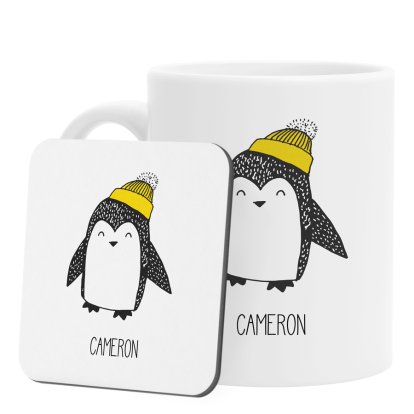 Personalised Cute Penguin Mug and Coaster Set for Boys 
