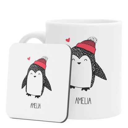 Personalised Cute Penguin Mug and Coaster Set for Girls
