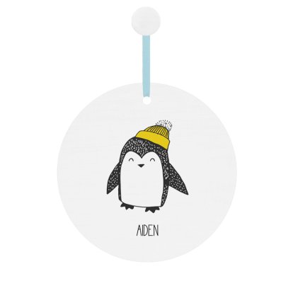 Personalised Cute Penguin Round Wooden Decoration for Boys
