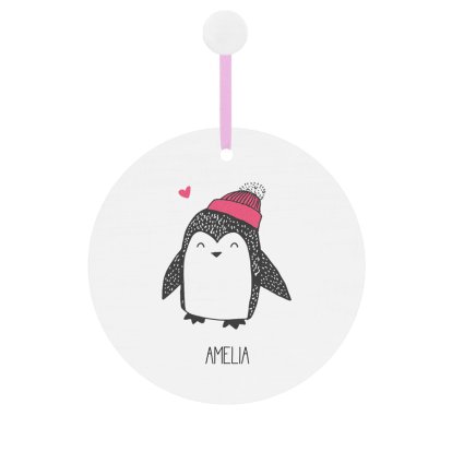 Personalised Cute Penguin Round Wooden Decoration for Girls