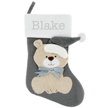 Personalised Deluxe Knitted Grey Christmas Teddy Stocking