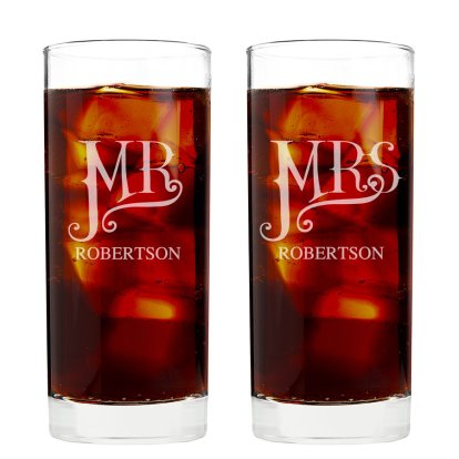 Personalised Dotty Mr and Mrs Hi Ball Glass Set
