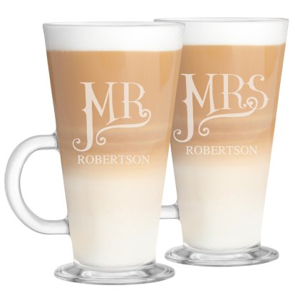 Personalised Dotty Mr and Mrs  Latte Glass Set