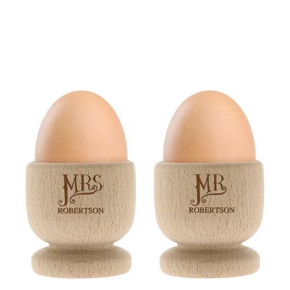 Personalised Dotty Mr and Mrs Wooden Egg Cup Set