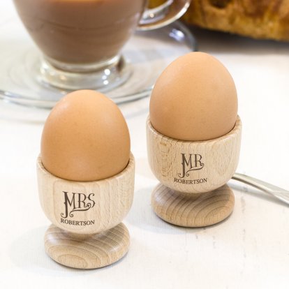 Personalised Dotty Mr and Mrs Wooden Egg Cup Set