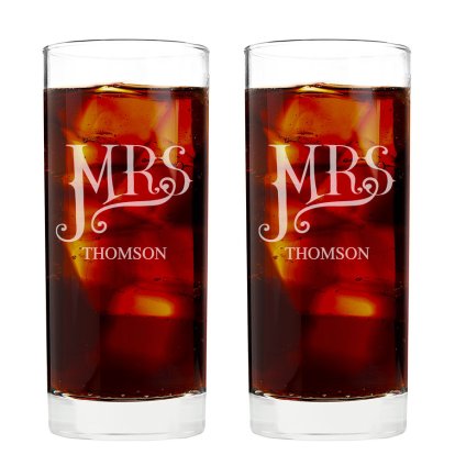 Personalised Dotty Mrs and Mrs Hi Ball Glass Set