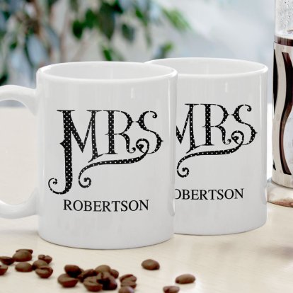 Personalised Dotty Mrs and Mrs Mug Set