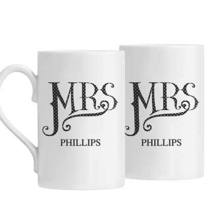 Personalised Dotty Mrs and Mrs Windsor Mug Set