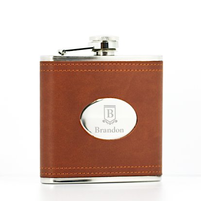 Personalised Double Stitch Brown Hip Flask - Initial & Name 
