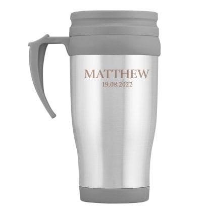 Personalised Double Walled Travel Mug - Name and Date