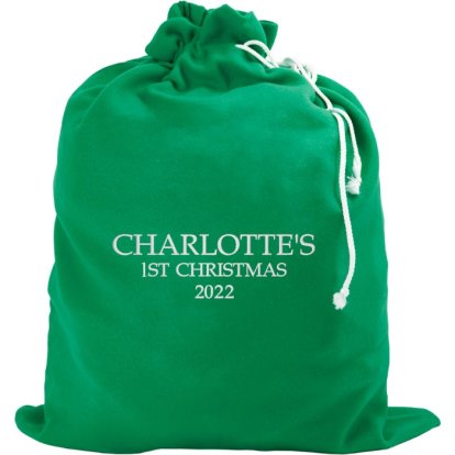 Personalised Embroidered Green Sack - First Christmas