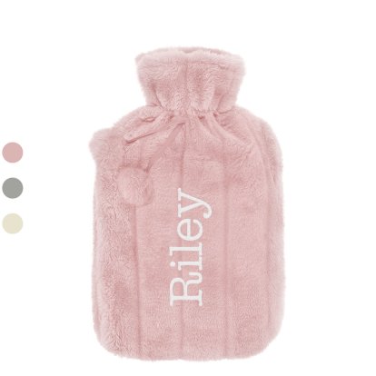 Personalised Embroidered Luxury Faux Fur Pom Pom Hot Water Bottle