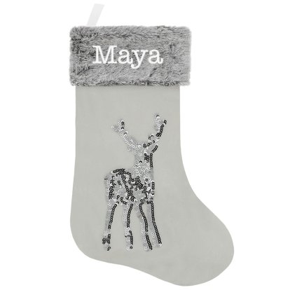 Personalised Fluffy Christmas Reindeer Stocking - Grey
