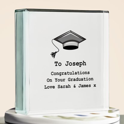 Personalised Glass Block - Graduation Hat Design