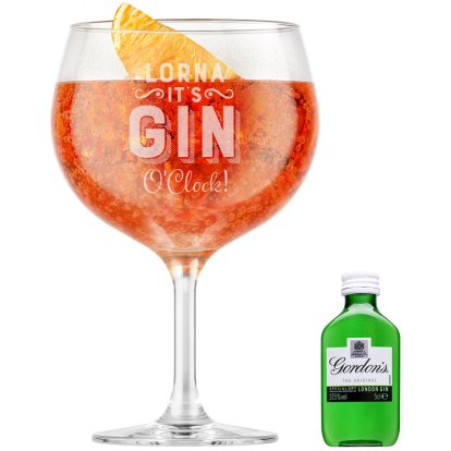 Personalised Glass & Gin Set - It's Gin O'Clock! Gordons