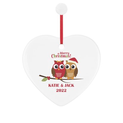 Personalised Heart Ceramic Decoration - Christmas Owls