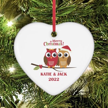 Personalised Heart Ceramic Decoration - Christmas Owls 