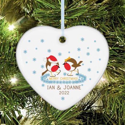 Personalised Heart Ceramic Decoration - Christmas Robins 