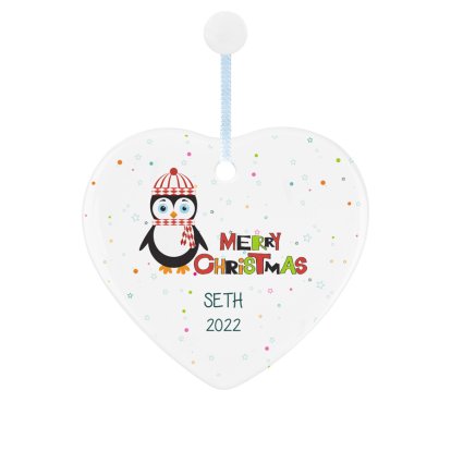 Personalised Heart Ceramic Decoration - Penguin 