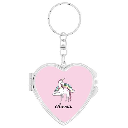 Personalised Heart Compact Mirror Keyring - Unicorn