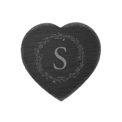 Personalised Heart Slate Coasters - Initial Wreath