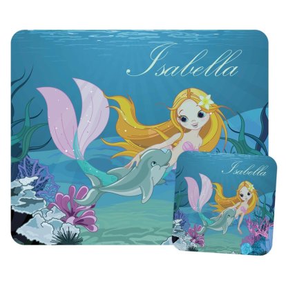 Personalised Kid's Placemat and Coaster Set - Mermaid Design