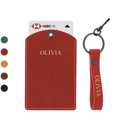 Personalised Leather Card Holder & Keyring Set - Name