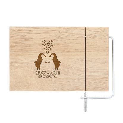 Personalised Loving Penguins Cheese Board and Slicer 