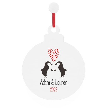Personalised Loving Penguins Wooden Bauble Decoration