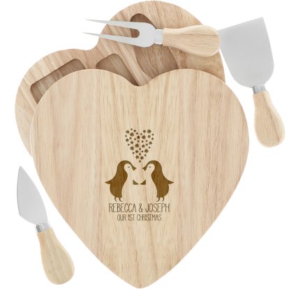 Personalised Loving Penguins Wooden Heart Cheeseboard Set