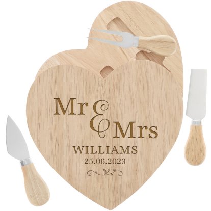 Personalised Mr & Mrs Heart Cheese Board for Wedding Couple