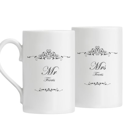 Personalised Mrs and Mrs Mug Set - Ornate Swirl Design