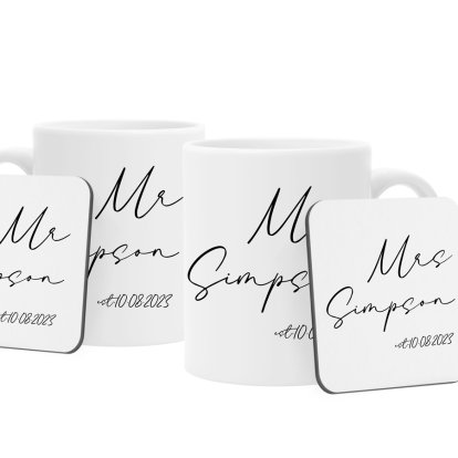 Personalised Mugs & Coaster Set for Wedding Couples