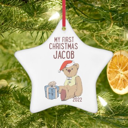 Personalised My First Christmas Teddy Ceramic Star Decoration 