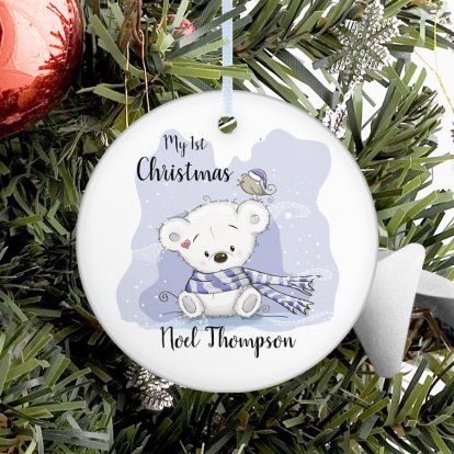 Personalised My First Christmas Teddy Round Ceramic Decoration 