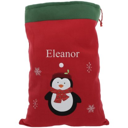Personalised Red Christmas Sack - Penguin & Embroidered