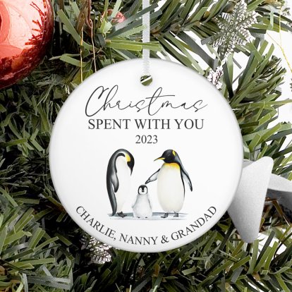Personalised Penguin Family Round Christmas Decoration 