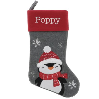 Personalised Penguin Xmas Stocking - Plush Red & Grey