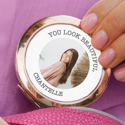 Personalised Photo & Text Rose Gold Compact Mirror