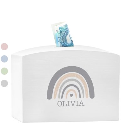 Personalised Rainbow Wooden Money Box for Girls