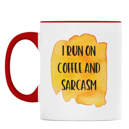 Personalised Red Rimmed Mug - I Run On Coffee & Sarcasm