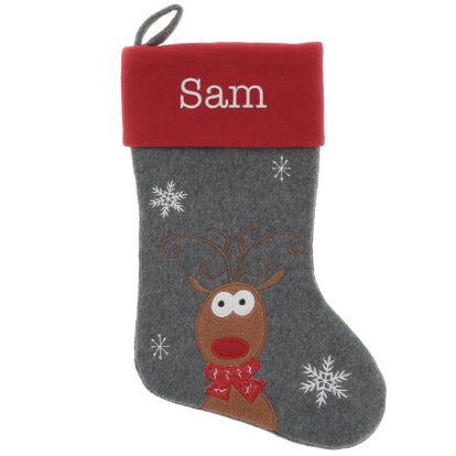 Personalised Reindeer Xmas Stocking - Plush Red & Grey