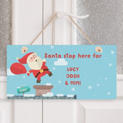 Personalised Rooftop Santa Stop Here Wooden Christmas Sign
