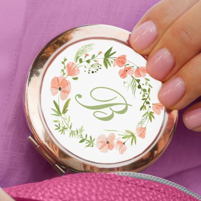 Personalised Rose Gold Compact Mirror - Floral Initial