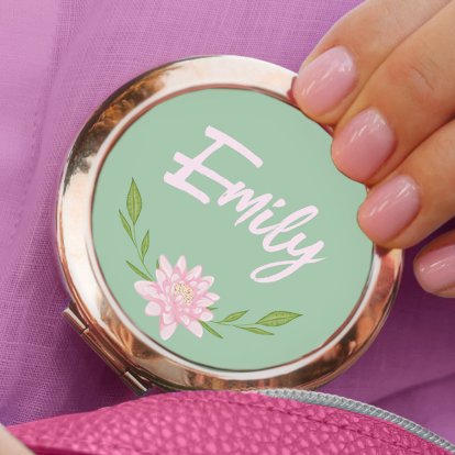 Personalised Rose Gold Compact Mirror - Floral Name