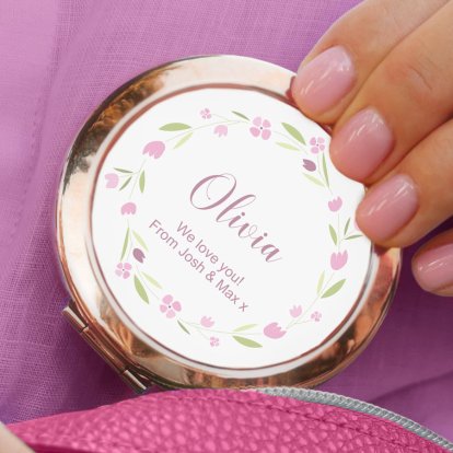 Personalised Rose Gold Compact Mirror - Floral Wreath 