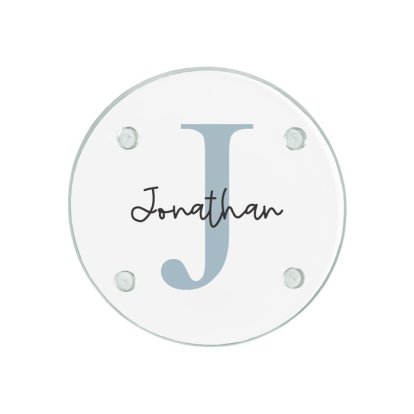 Personalised Round Glass Coaster - Blue Initial & Name