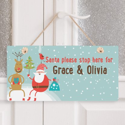 Personalised Santa and Friends Stop Here Wooden Sign