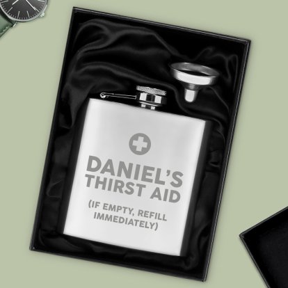 Personalised Silver Hip Flask - Thirst Aid